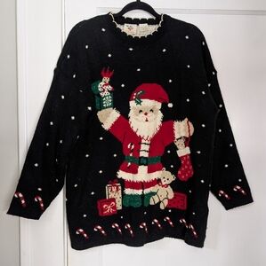 Vintage NutCracker Santa Ugly Christmas Sweater L Black Made in USA Lurex
